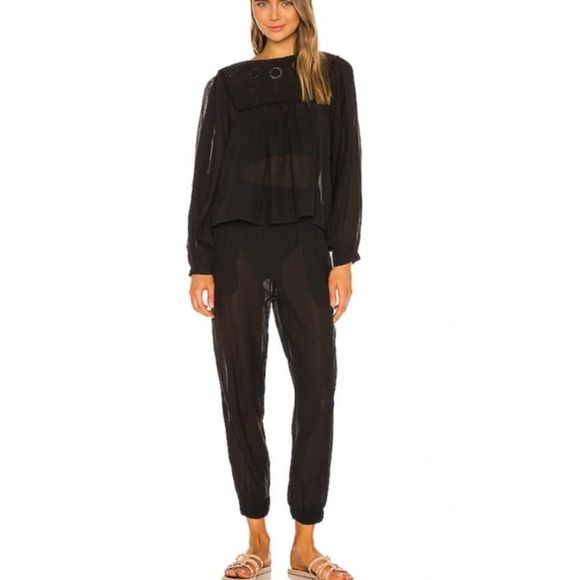 NWT Free People Valencia Top and Pant Cotton Blend Two-Piece Set in Black - Picture 2 of 6